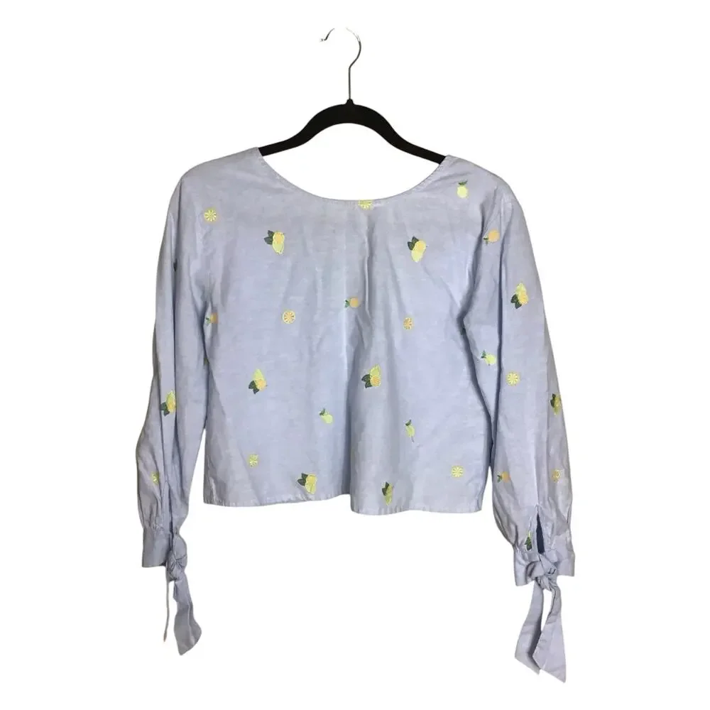 Rebellion Again lemon print crop top with Tie Wrist Sleeves Blue Sz.Medium